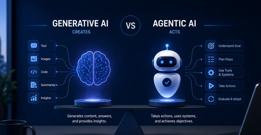 Agentic AI vs generative AI comparison showing content generation, autonomous actions, tools, and enterprise workflows