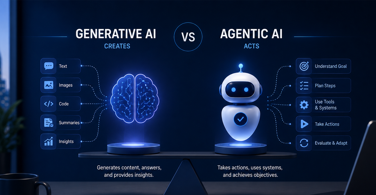 Agentic AI vs generative AI comparison showing content generation, autonomous actions, tools, and enterprise workflows
