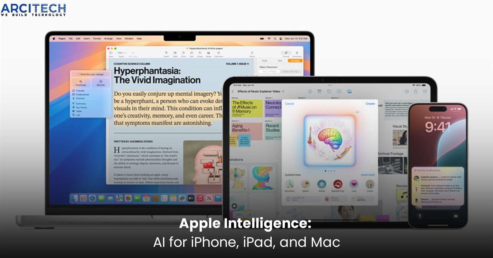 Apple Intelligence on iPhone, iPad, and Mac displaying AI-powered features including writing tools, image creation, and notification management.