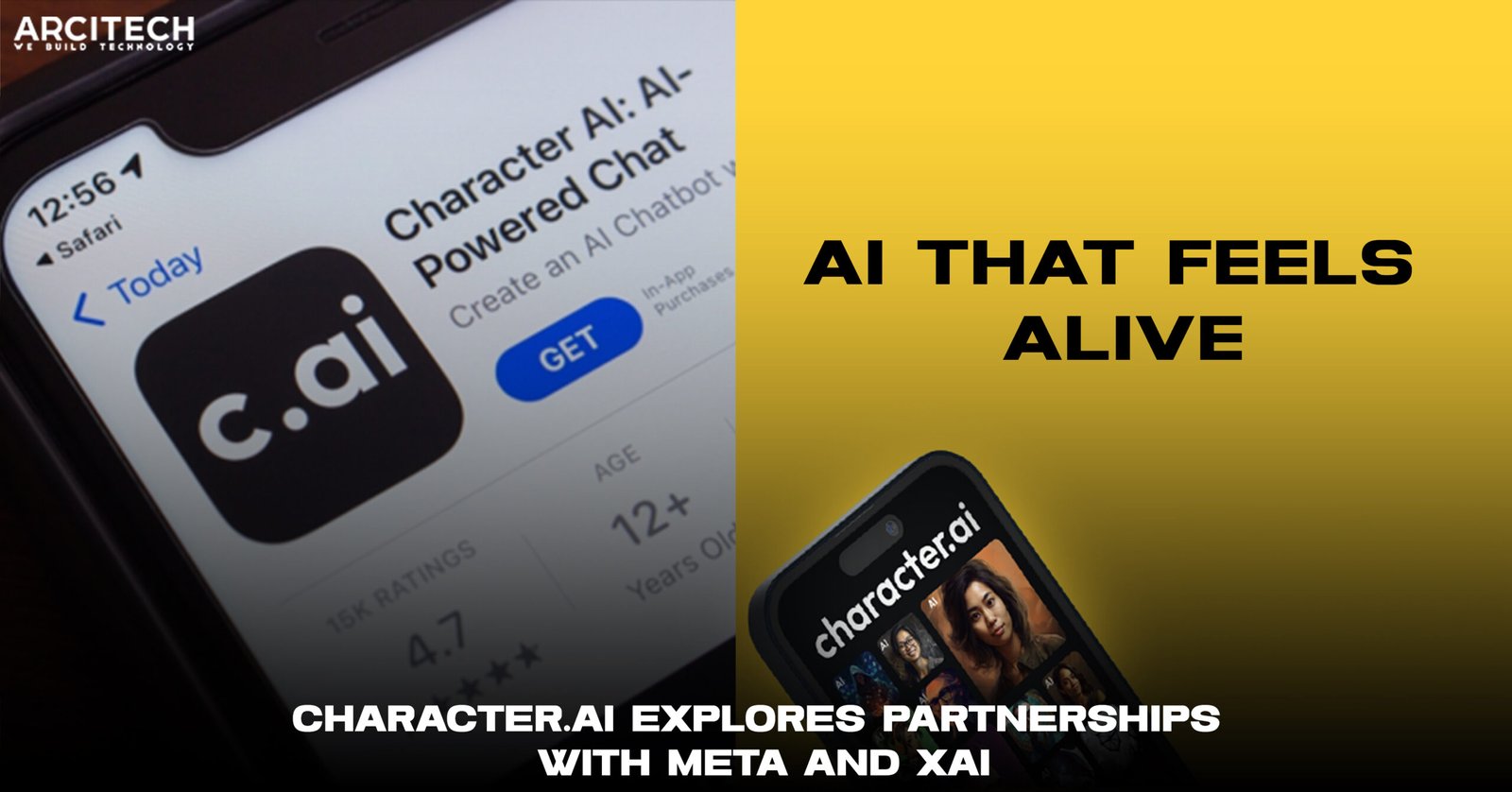 Character.ai app displayed on a smartphone screen, alongside the tagline 'AI that feels alive,' highlighting potential partnerships with Meta and xAI.