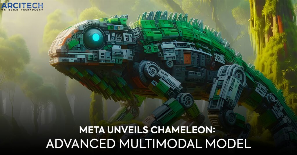 Robotic chameleon in a lush, green forest representing Meta's advanced multimodal model named Chameleon, designed for integrating various data types seamlessly.