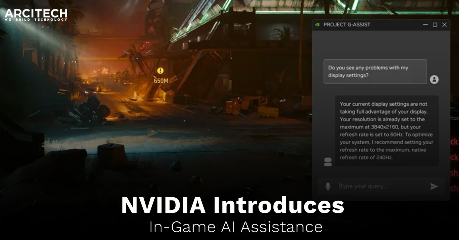 NVIDIA's G-Assist AI chatbot providing display optimization tips in a gaming environment, enhancing the gaming experience