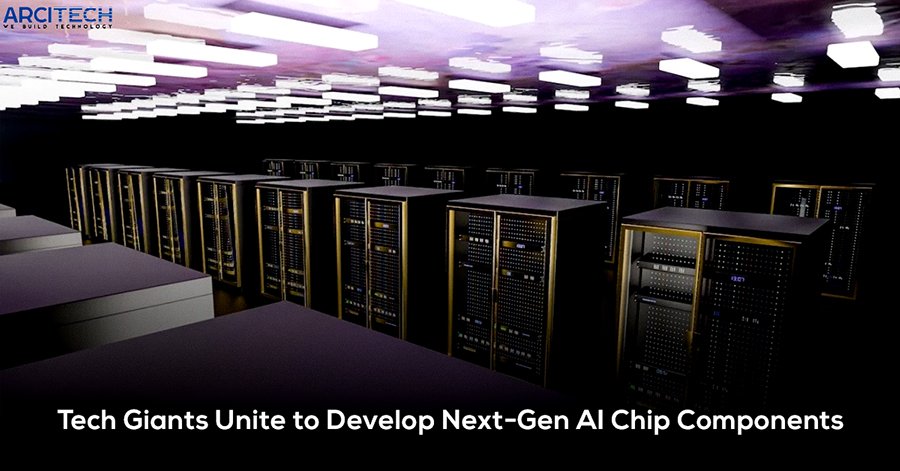 Tech giants unite to develop next-gen AI chip components, featuring a data center with rows of servers illuminated by overhead lights."