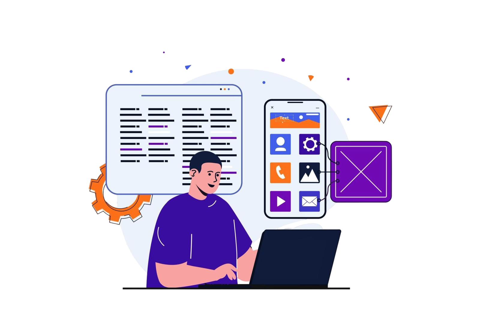 app development modern flat concept web banner design male designer works with mobile app
