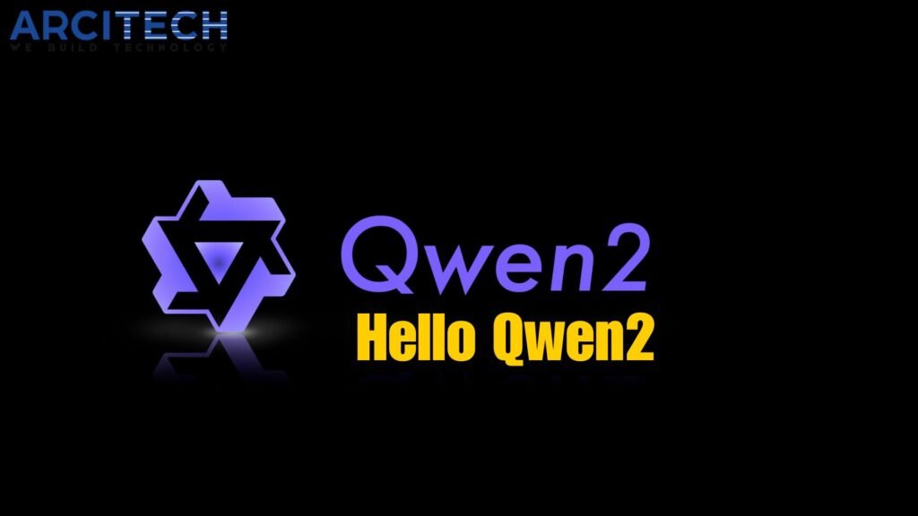 Dark-themed promotional graphic featuring a neon purple and blue logo labeled 'Qwen2' and text 'Hello Qwen2' below it, with the Arcitech logo and slogan 'We Build Technology' at the top in a lighter blue