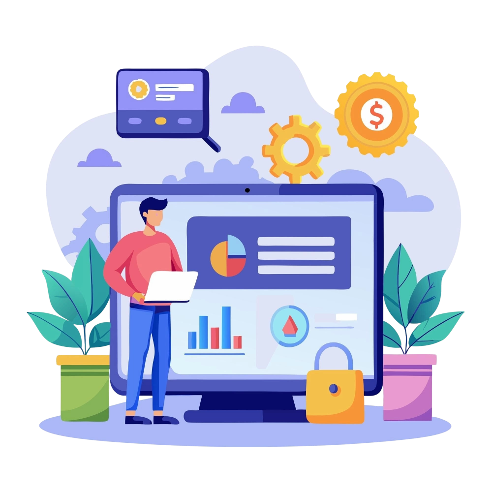 man sits front computer with diagram financial data
